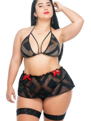 Conjunto de lenceria negra de encaje para gorditas