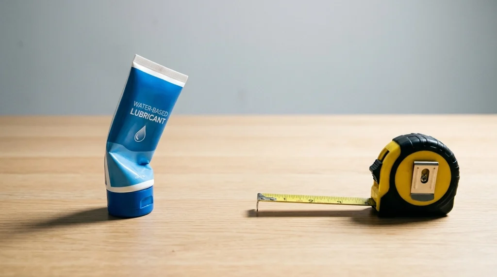 Tubo de lubricante anal de base acuosa mirando con sospecha sobre una mesa de madera.